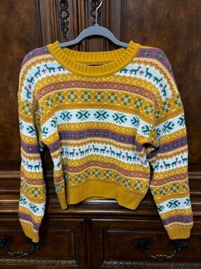Women’s Forever 21 Mustard Multi-Pattern Crewneck Sweater size large. Exc cond